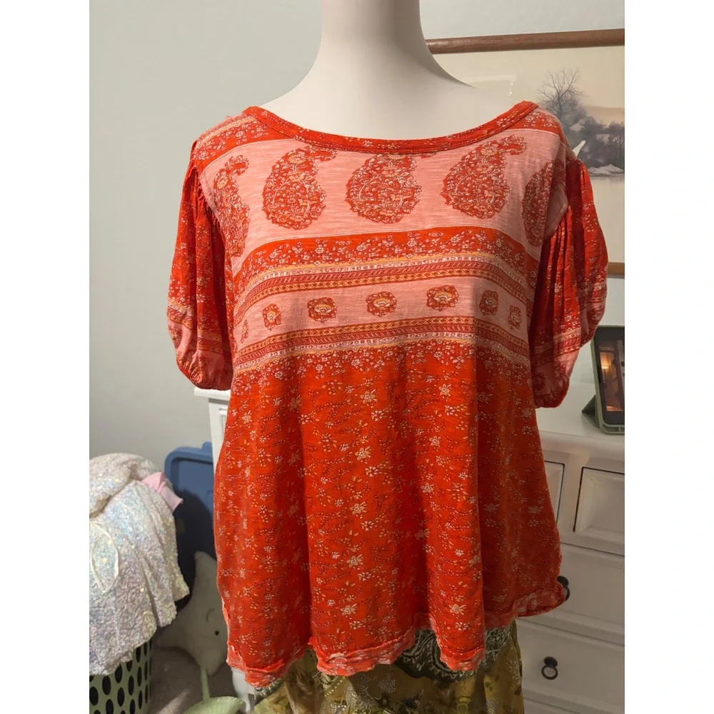 Free People Boho Paisley Oversized Top Orange Pink Scoop Back Short Sleeve XL